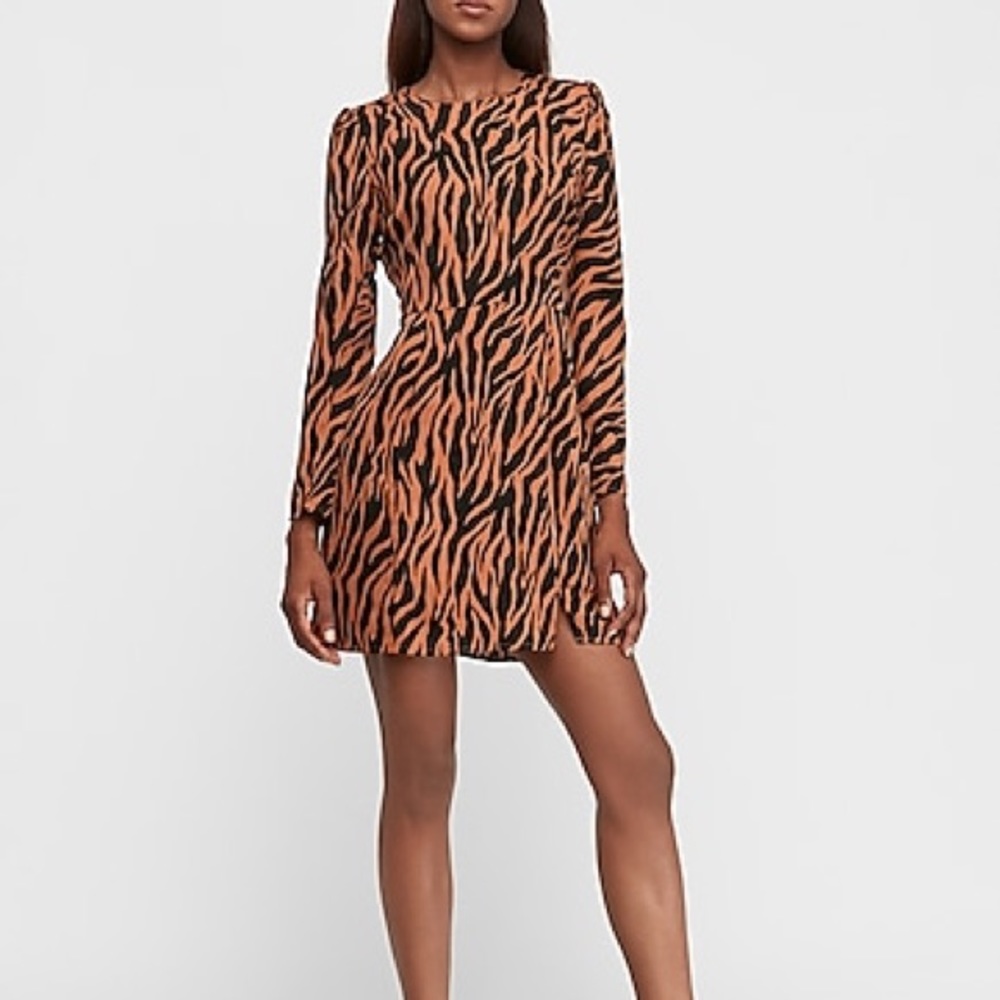 Tiger Print Puff Sleeve Fit And Flare Dress